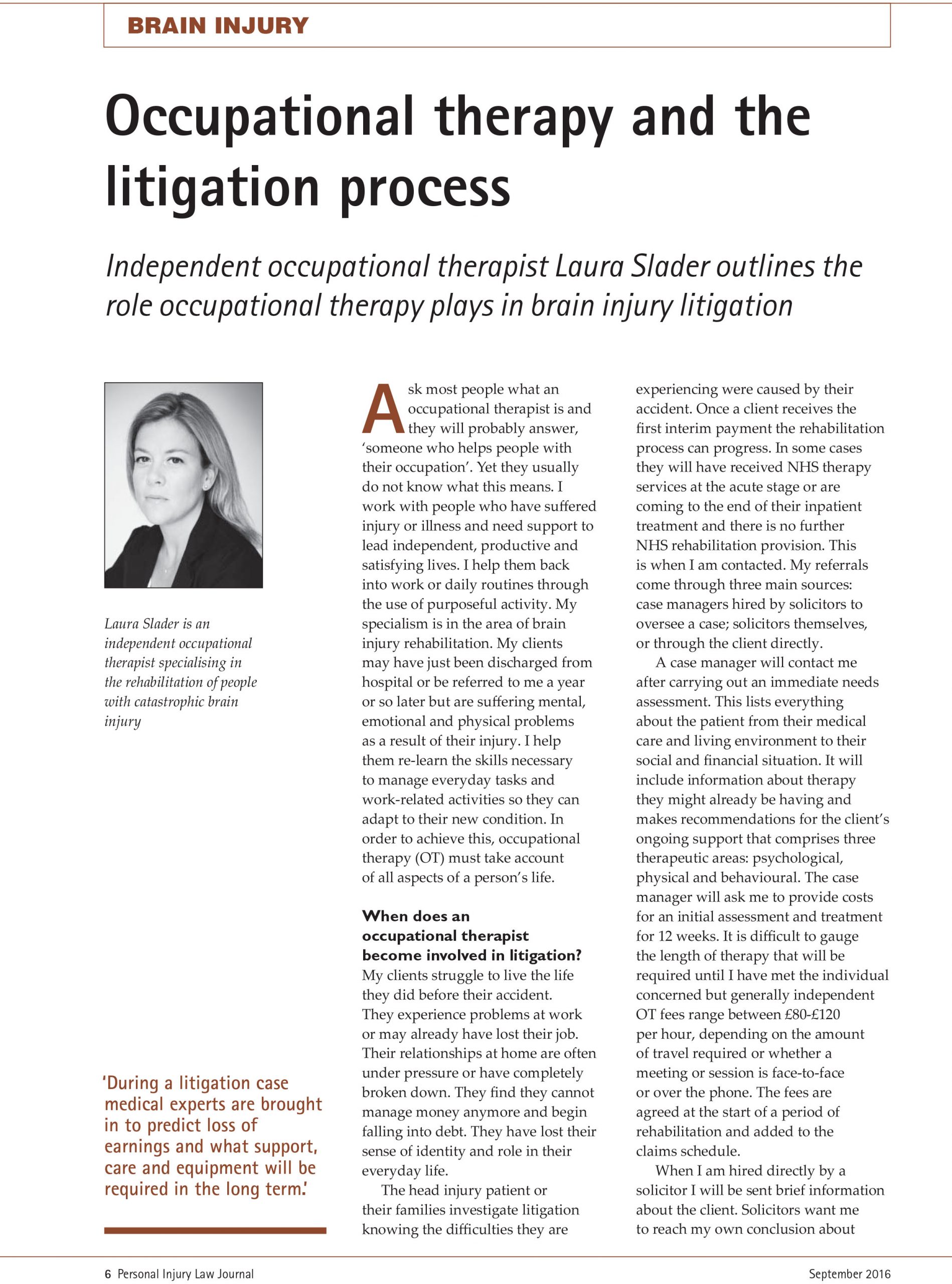 Article on neuro occupational therapy and brain injury litigation